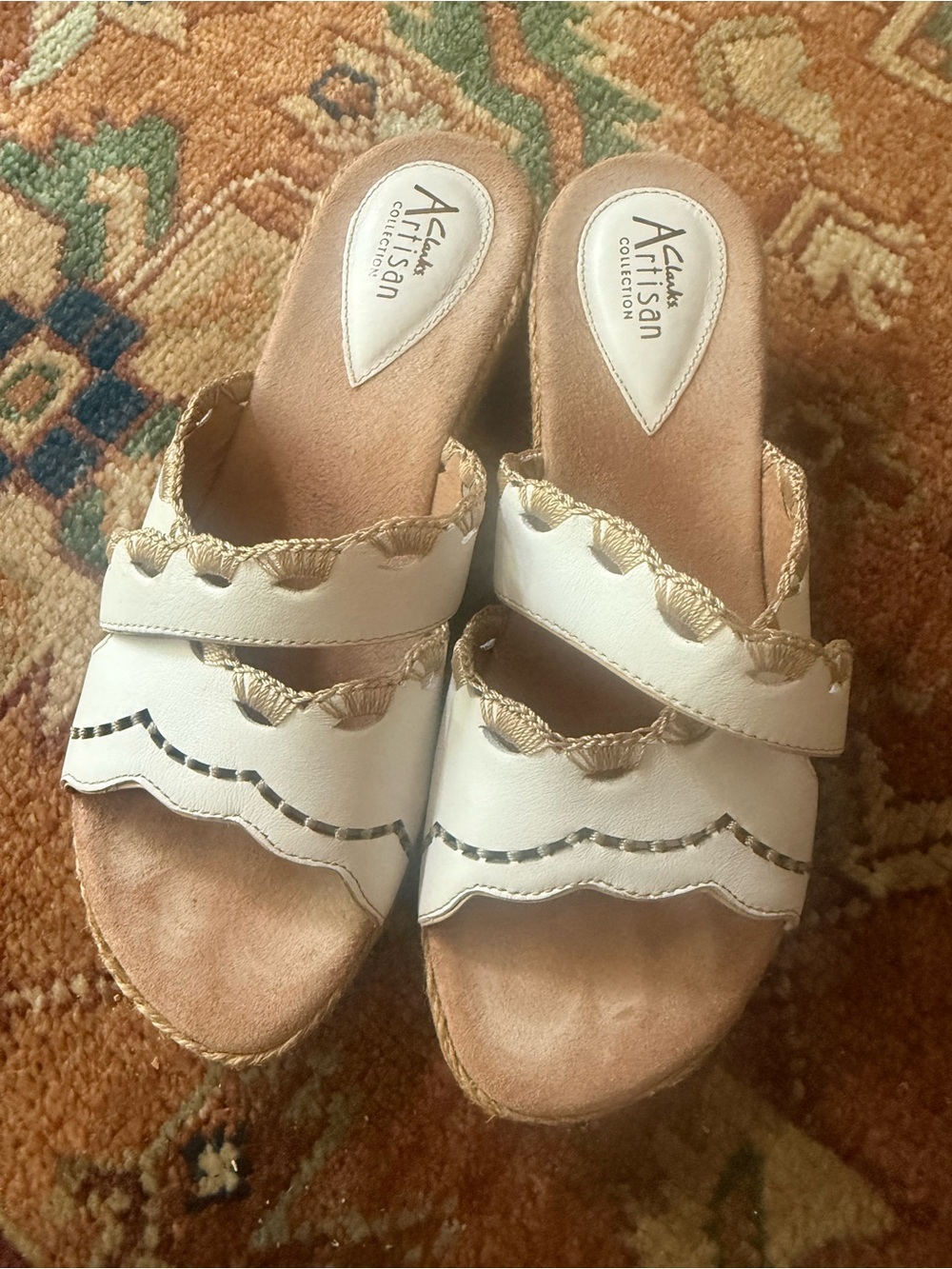 Clarks Artisan White Slide Sandals with Gold Braid Accent